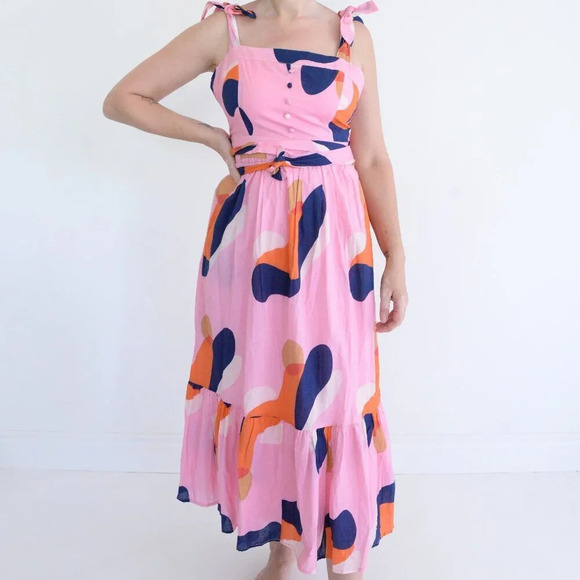 Ciebon Roma Pink & Navy Abstract Splash Apron Ruffle Cotton Midi Dress S - Picture 1 of 13